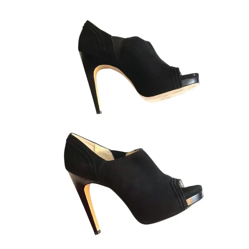 CALVIN KLEIN HIGH HEEL SHOES Women's SZ 8.5M Black Suede Leather Peep Toe Padded